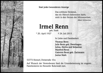 Anzeige von Irmel Renn von Kölner Stadt-Anzeiger / Kölnische Rundschau / Express