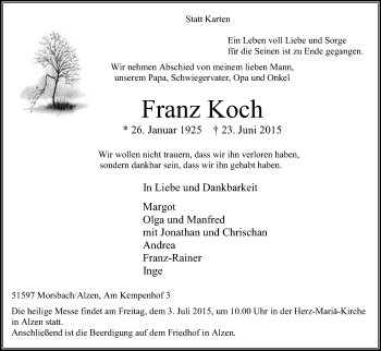 Anzeige von Franz Koch von Kölner Stadt-Anzeiger / Kölnische Rundschau / Express