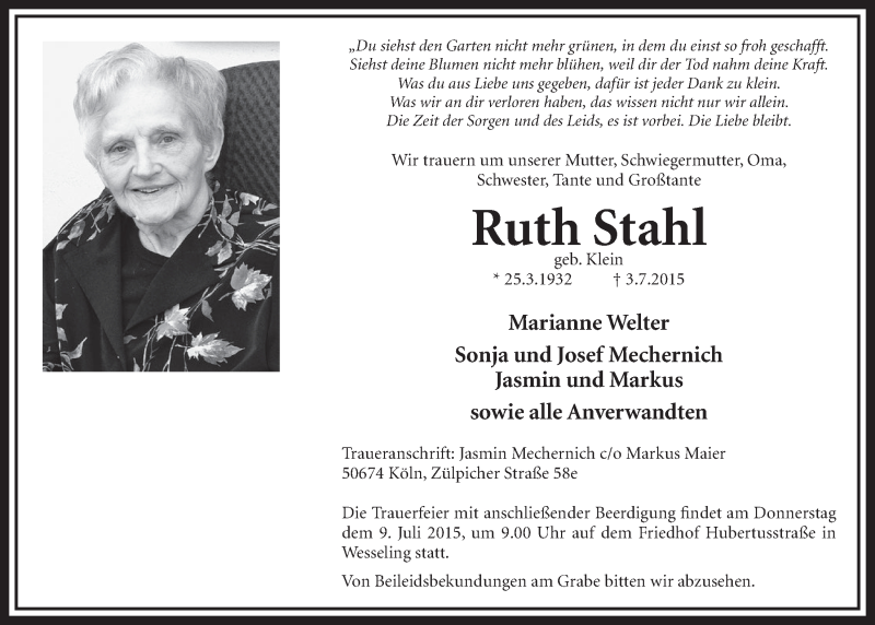  Traueranzeige für Ruth Stahl vom 08.07.2015 aus  Schlossbote/Werbekurier 