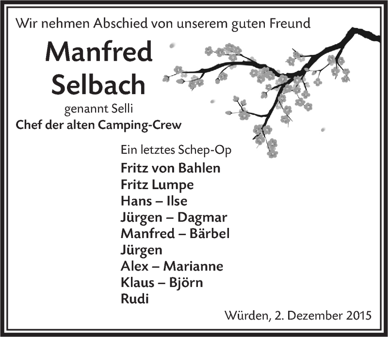  Traueranzeige für Manfred Selbach vom 09.12.2015 aus  Anzeigen Echo 