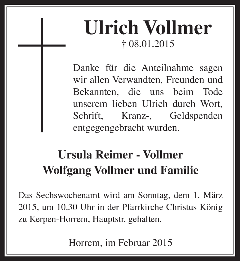  Traueranzeige für Ulrich Vollmer vom 25.02.2015 aus  Werbepost 