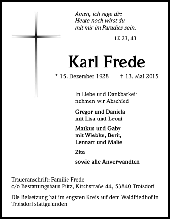 Anzeige von Karl Frede von Kölner Stadt-Anzeiger / Kölnische Rundschau / Express