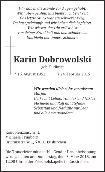 Anzeige von Karin Dobrowolski von  Blickpunkt Euskirchen 