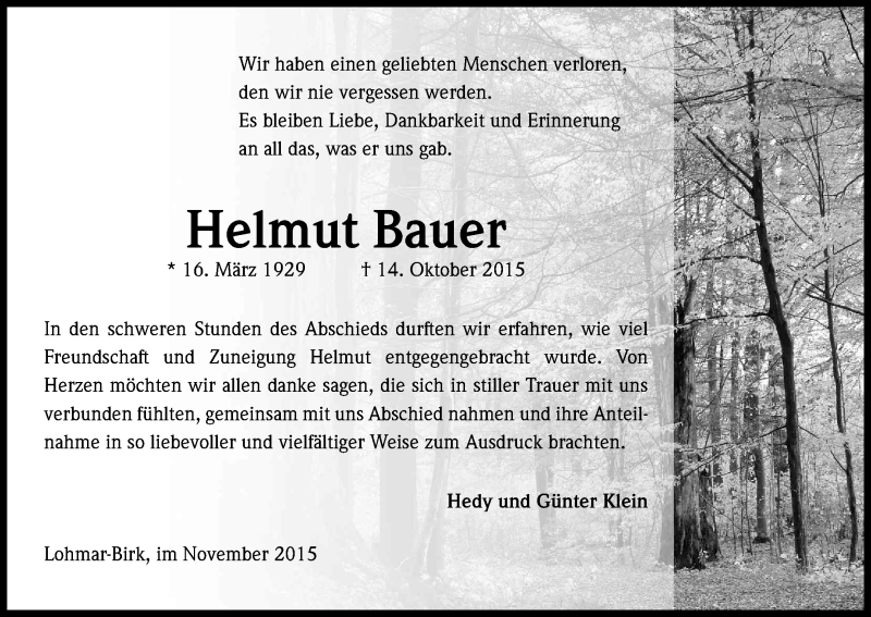  Traueranzeige für Helmut Bauer vom 21.11.2015 aus Kölner Stadt-Anzeiger / Kölnische Rundschau / Express