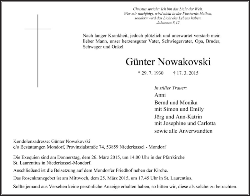  Traueranzeige für Günter Nowakovski vom 25.03.2015 aus  Extra Blatt 