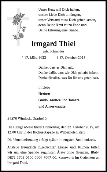 Anzeige von Irmgard Thiel von Kölner Stadt-Anzeiger / Kölnische Rundschau / Express