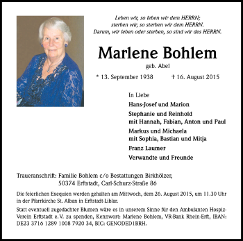 Anzeige von Marlene Bohlem von Kölner Stadt-Anzeiger / Kölnische Rundschau / Express