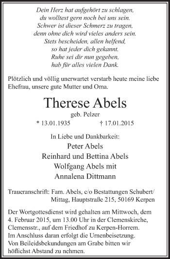 Anzeige von Therese Abels von  Sonntags-Post 