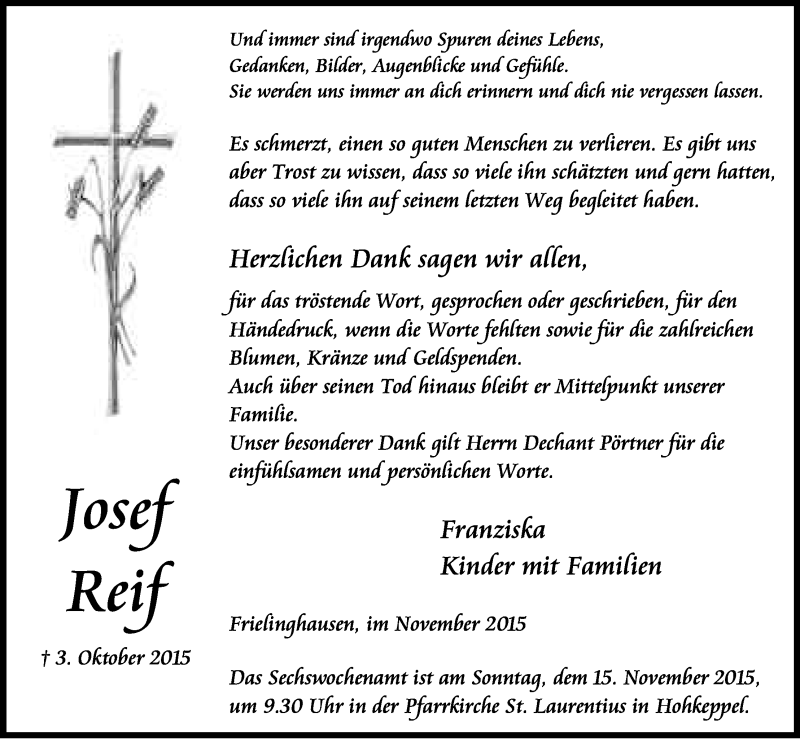  Traueranzeige für Josef Reif vom 07.11.2015 aus Kölner Stadt-Anzeiger / Kölnische Rundschau / Express