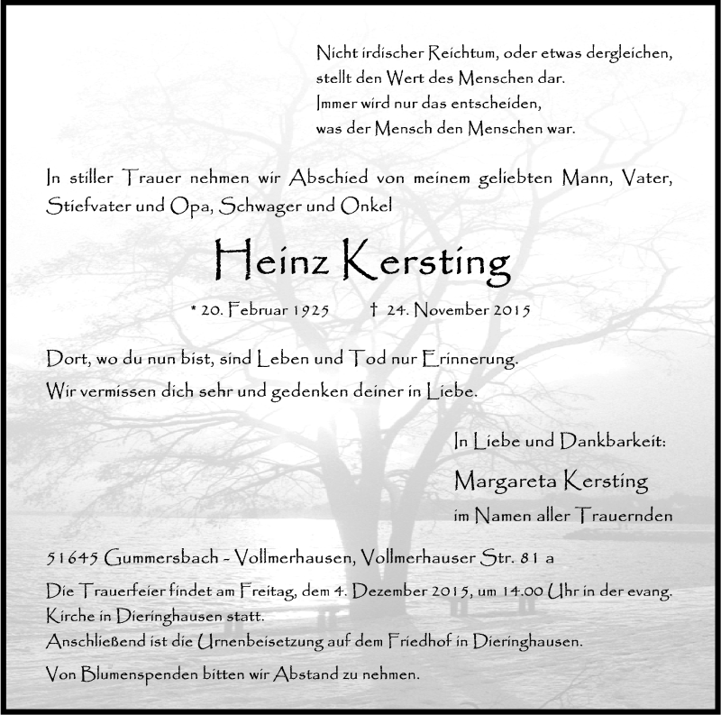  Traueranzeige für Heinz Kersting vom 28.11.2015 aus Kölner Stadt-Anzeiger / Kölnische Rundschau / Express