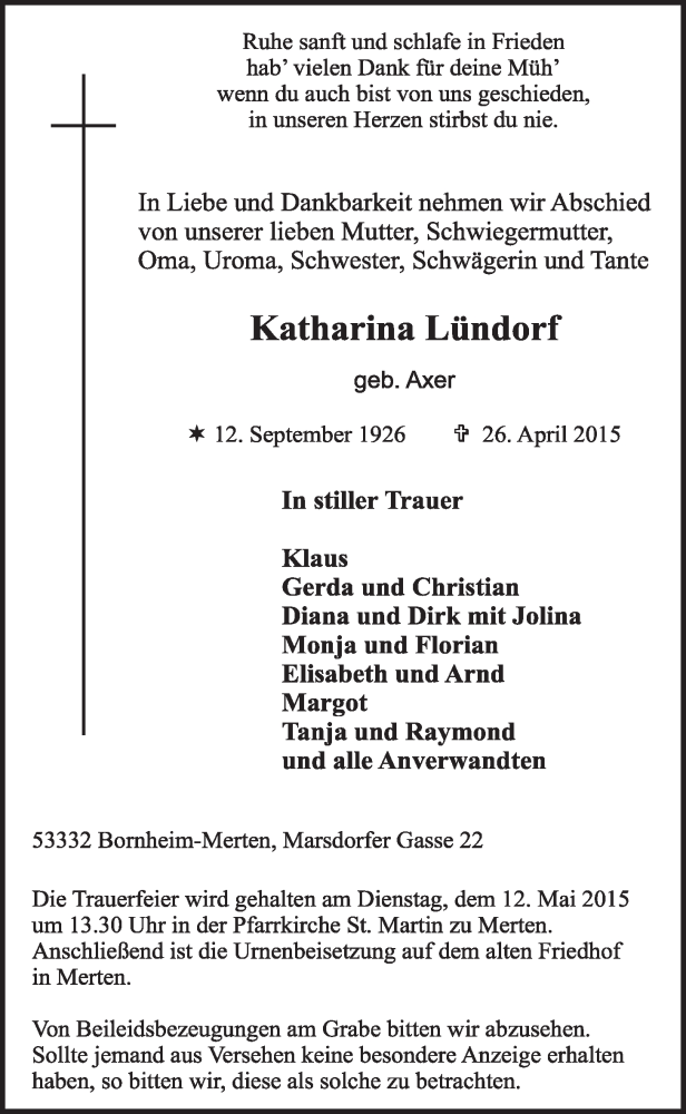  Traueranzeige für Katharina Lündorf vom 06.05.2015 aus  Schlossbote/Werbekurier 