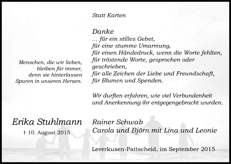  Traueranzeige für Erika Stuhlmann vom 19.09.2015 aus Kölner Stadt-Anzeiger / Kölnische Rundschau / Express