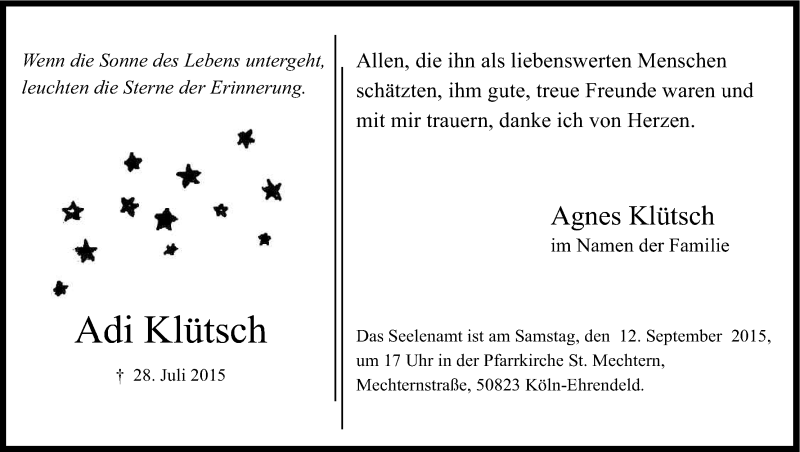  Traueranzeige für Adi Klütsch vom 05.09.2015 aus Kölner Stadt-Anzeiger / Kölnische Rundschau / Express