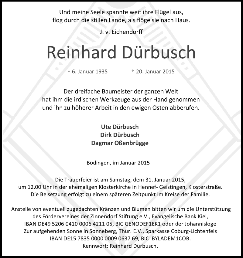  Traueranzeige für Reinhard Dürbusch vom 27.01.2015 aus Kölner Stadt-Anzeiger / Kölnische Rundschau / Express