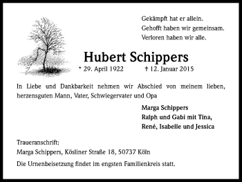 Anzeige von Hubert Schippers von Kölner Stadt-Anzeiger / Kölnische Rundschau / Express