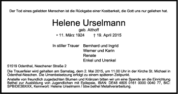 Anzeige von Helene Urselmann von Kölner Stadt-Anzeiger / Kölnische Rundschau / Express
