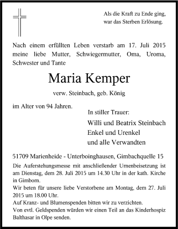 Anzeige von Maria Kemper von Kölner Stadt-Anzeiger / Kölnische Rundschau / Express