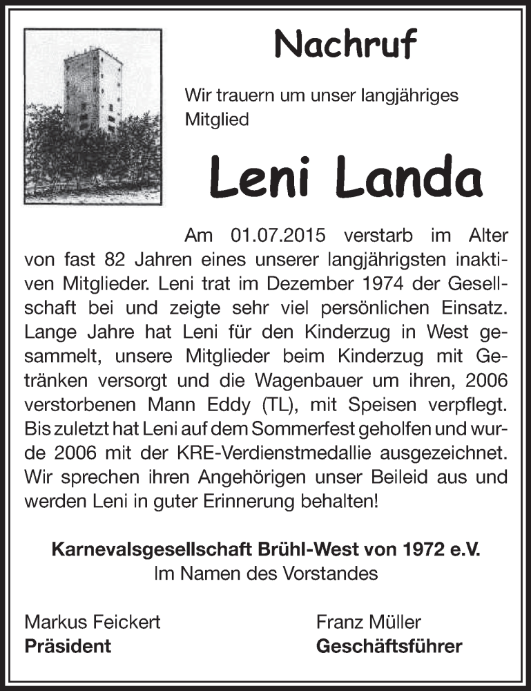  Traueranzeige für Leni Landa vom 15.07.2015 aus  Schlossbote/Werbekurier 