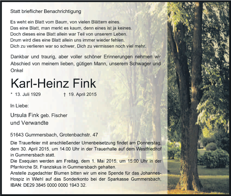  Traueranzeige für Karl-Heinz Fink vom 25.04.2015 aus Kölner Stadt-Anzeiger / Kölnische Rundschau / Express