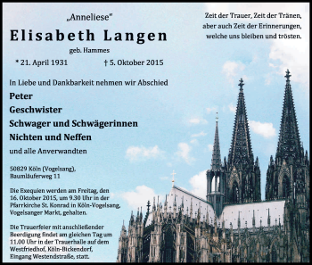 Anzeige von Elisabeth Langen von Kölner Stadt-Anzeiger / Kölnische Rundschau / Express