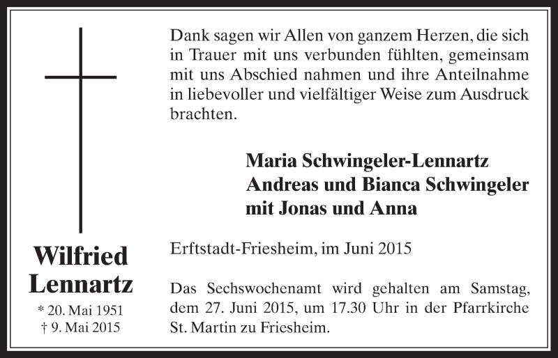  Traueranzeige für Wilfried Lennartz vom 24.06.2015 aus  Werbepost 