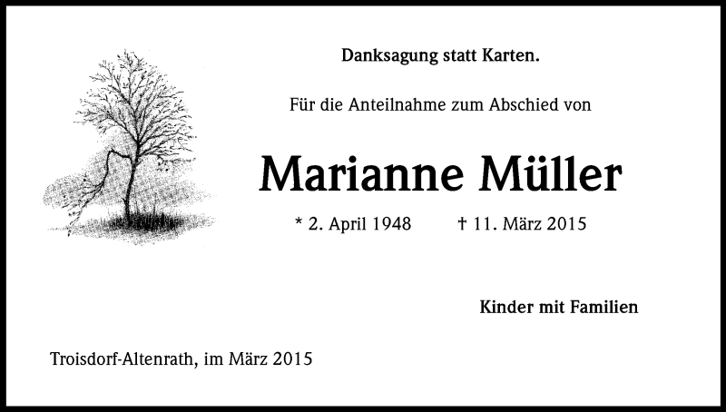  Traueranzeige für Marianne Müller vom 28.03.2015 aus Kölner Stadt-Anzeiger / Kölnische Rundschau / Express