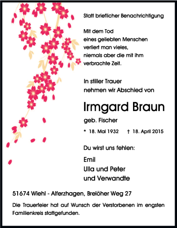 Anzeige von Irmgard Braun von Kölner Stadt-Anzeiger / Kölnische Rundschau / Express