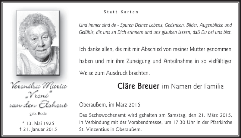  Traueranzeige für Veronika Maria van den Elshout vom 14.03.2015 aus  Sonntags-Post 