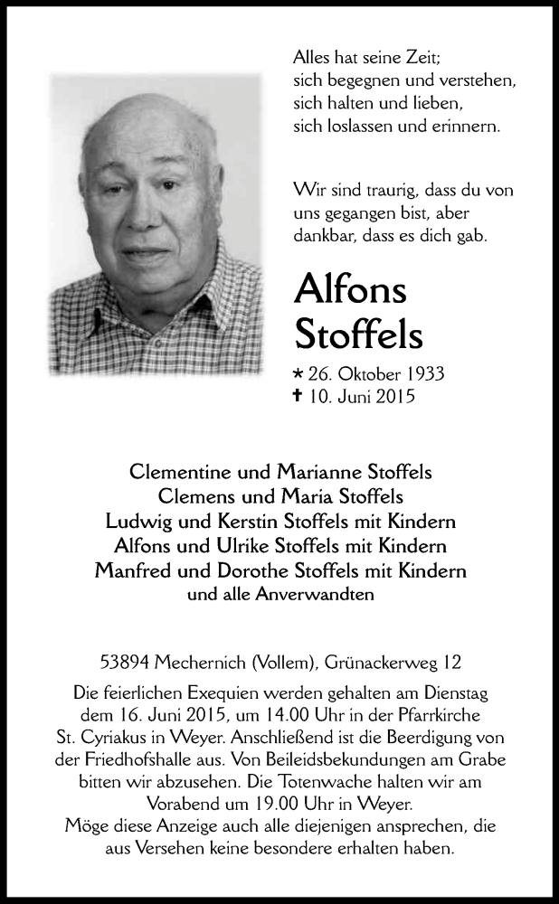  Traueranzeige für Alfons Stoffels vom 13.06.2015 aus Kölner Stadt-Anzeiger / Kölnische Rundschau / Express