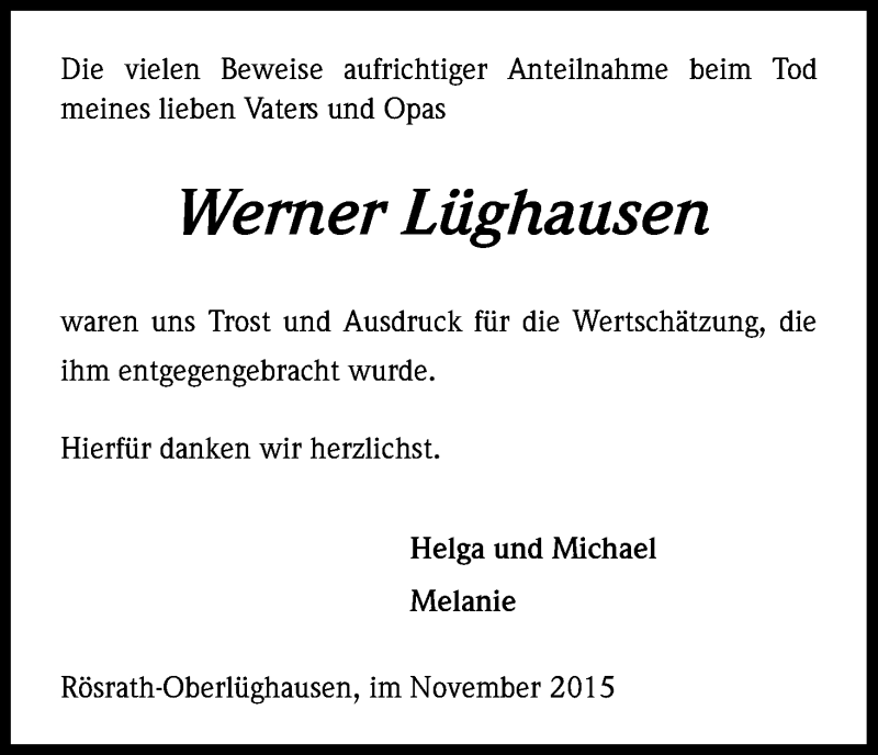  Traueranzeige für Werner Lüghausen vom 21.11.2015 aus Kölner Stadt-Anzeiger / Kölnische Rundschau / Express