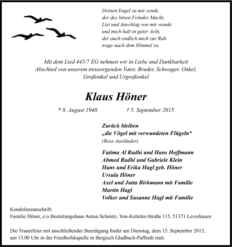  Traueranzeige für Klaus Höner vom 12.09.2015 aus Kölner Stadt-Anzeiger / Kölnische Rundschau / Express