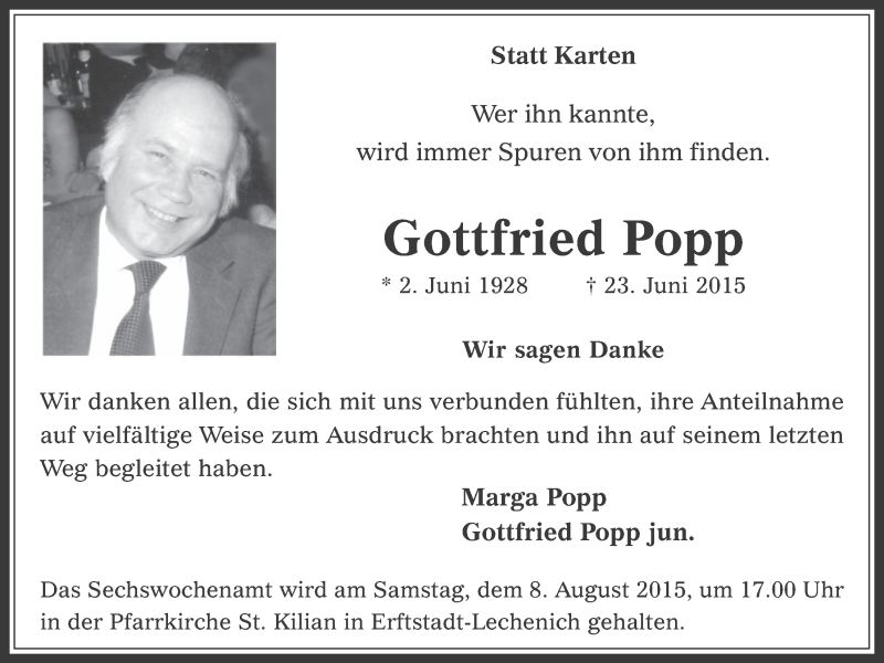  Traueranzeige für Gottfried Popp vom 29.07.2015 aus  Werbepost 