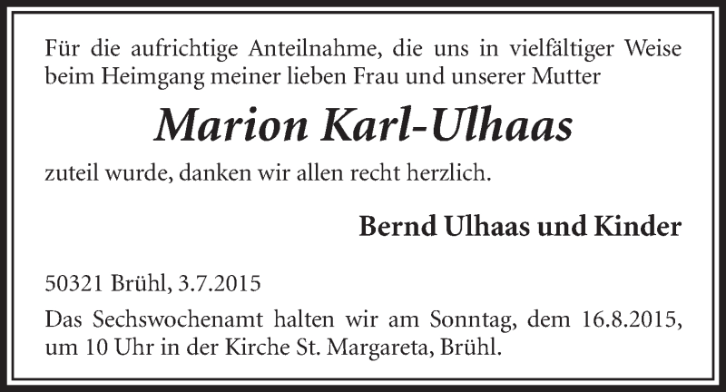  Traueranzeige für Marion Karl-Ulhaas vom 05.08.2015 aus  Schlossbote/Werbekurier 