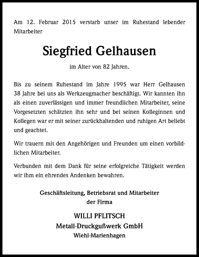  Traueranzeige für Siegfried Gelhausen vom 18.02.2015 aus Kölner Stadt-Anzeiger / Kölnische Rundschau / Express