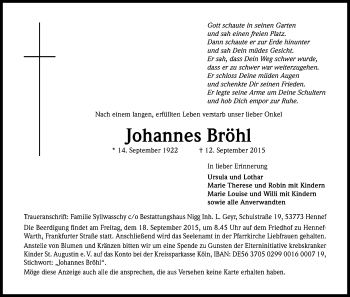Anzeige von Johannes Bröhl von Kölner Stadt-Anzeiger / Kölnische Rundschau / Express