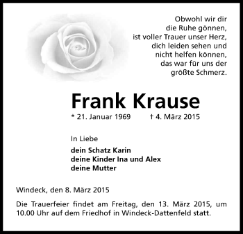 Anzeige von Frank Krause von Kölner Stadt-Anzeiger / Kölnische Rundschau / Express
