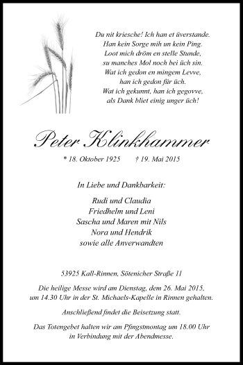 Anzeige von Peter Klinkhammer von Kölner Stadt-Anzeiger / Kölnische Rundschau / Express