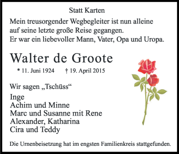 Anzeige von Walter de Groote von Kölner Stadt-Anzeiger / Kölnische Rundschau / Express