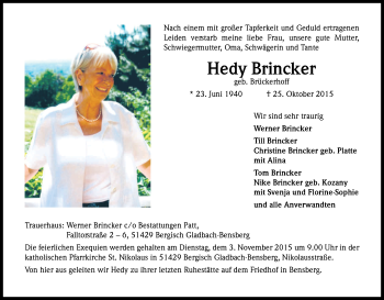 Anzeige von Hedy Brincker von Kölner Stadt-Anzeiger / Kölnische Rundschau / Express