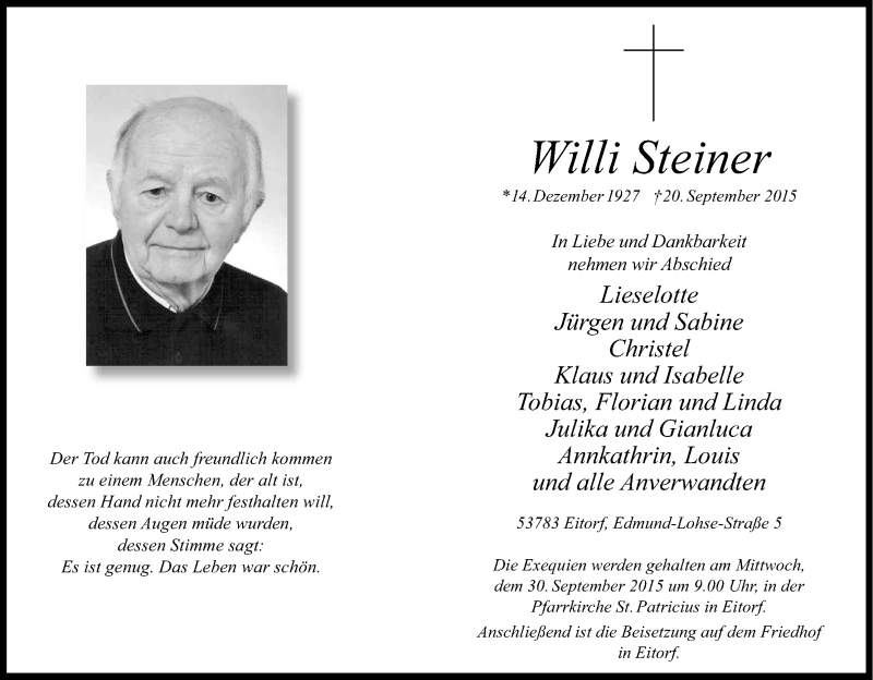 Traueranzeige für Willi Steiner vom 25.09.2015 aus Kölner Stadt-Anzeiger / Kölnische Rundschau / Express