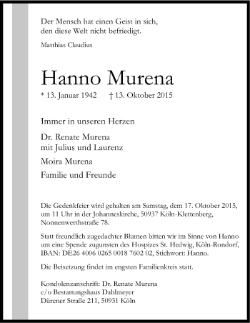 Anzeige von Hanno Murena von Kölner Stadt-Anzeiger / Kölnische Rundschau / Express