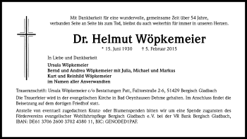 Anzeige von Helmut Wöpkemeier von Kölner Stadt-Anzeiger / Kölnische Rundschau / Express