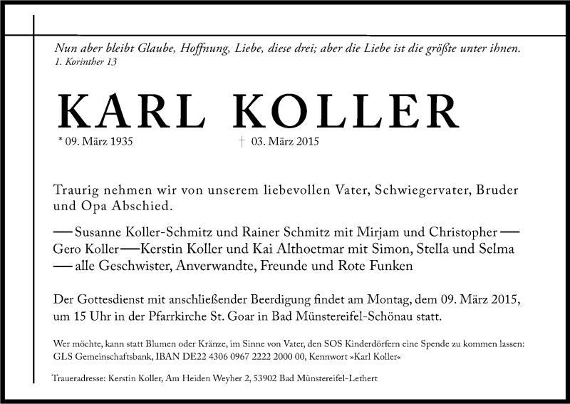  Traueranzeige für Karl Koller vom 06.03.2015 aus Kölner Stadt-Anzeiger / Kölnische Rundschau / Express