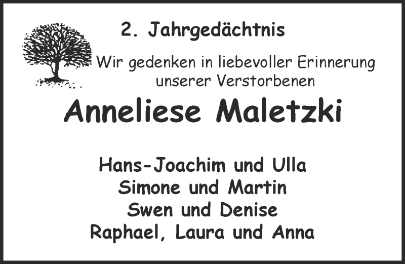  Traueranzeige für Anneliese Maletzki vom 01.03.2015 aus  Blickpunkt Euskirchen 