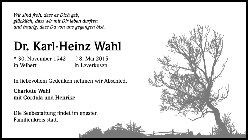  Traueranzeige für Karl-Heinz Wahl vom 13.05.2015 aus Kölner Stadt-Anzeiger / Kölnische Rundschau / Express