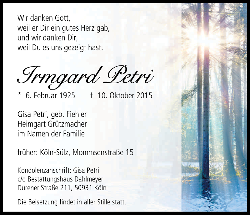  Traueranzeige für Irmgard Petri vom 17.10.2015 aus Kölner Stadt-Anzeiger / Kölnische Rundschau / Express