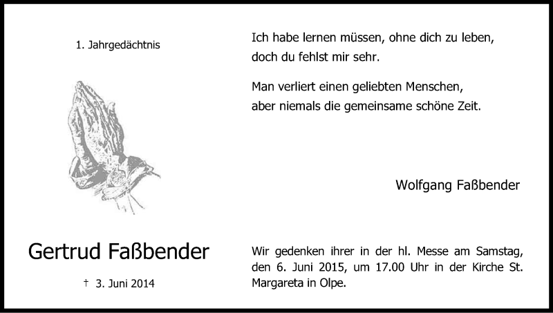  Traueranzeige für Gertrud Faßbender vom 30.05.2015 aus Kölner Stadt-Anzeiger / Kölnische Rundschau / Express