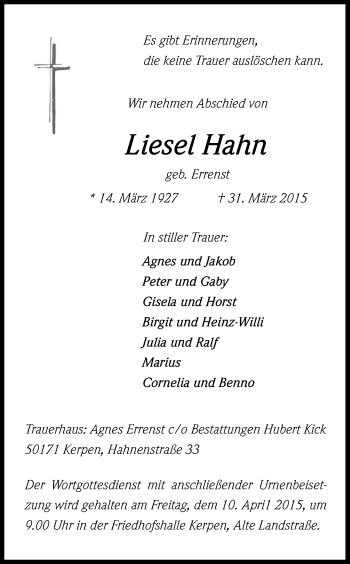Anzeige von Liesel Hahn von Kölner Stadt-Anzeiger / Kölnische Rundschau / Express