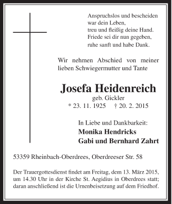 Anzeige von Josefa Heidenreich von  Schaufenster/Blickpunkt 