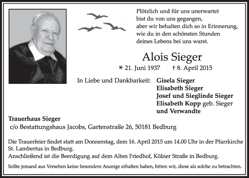  Traueranzeige für Alois Sieger vom 11.04.2015 aus  Sonntags-Post 